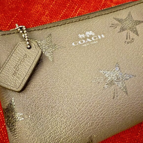 Coach Handbags - Coach Grey Leather Star-Print Wristlet – Silver Accents